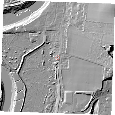 Shaded relief map of the ground around ME13XN, computed from Environment Agency LiDAR. The ground here sits at about 5 m above sea level and falls 30 m across the surrounding 800 m. Surface water reaching this point runs off ground lying to the east, 17.5 m higher.