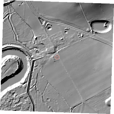 Shaded relief map of the ground around ME13XY, computed from Environment Agency LiDAR. The ground here sits at about 6 m above sea level and falls 29 m across the surrounding 800 m. Surface water reaching this point runs off ground lying to the east-north-east, 10.5 m higher.