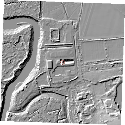 Shaded relief map of the ground around ME13XZ, computed from Environment Agency LiDAR. The ground here sits at about 6 m above sea level and falls 25 m across the surrounding 800 m. Surface water reaching this point runs off ground lying to the east, 4.5 m higher.