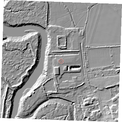 Shaded relief map of the ground around ME13YA, computed from Environment Agency LiDAR. The ground here sits at about 6 m above sea level and falls 21 m across the surrounding 800 m. Surface water reaching this point runs off ground lying to the west-south-west, 0.6 m higher.