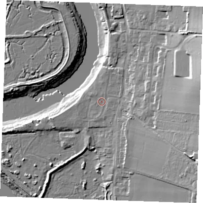 Shaded relief map of the ground around ME13YE, computed from Environment Agency LiDAR. The ground here sits at about 6 m above sea level and falls 27 m across the surrounding 800 m. Surface water reaching this point runs off ground lying to the east, 7.4 m higher.