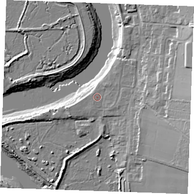 Shaded relief map of the ground around ME13YF, computed from Environment Agency LiDAR. The ground here sits at about 5 m above sea level and falls 20 m across the surrounding 800 m. Surface water reaching this point runs off ground lying to the east-north-east, 1.2 m higher.