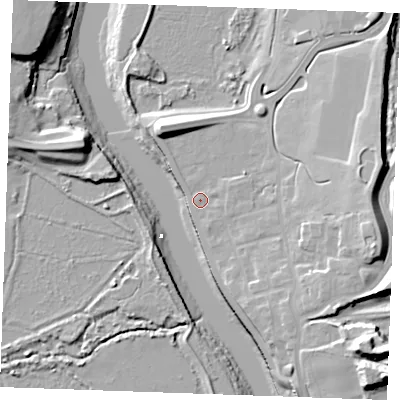 Shaded relief map of the ground around ME13YP, computed from Environment Agency LiDAR. The ground here sits at about 7 m above sea level and falls 27 m across the surrounding 800 m. Surface water reaching this point runs off ground lying to the east-south-east, 1.3 m higher.