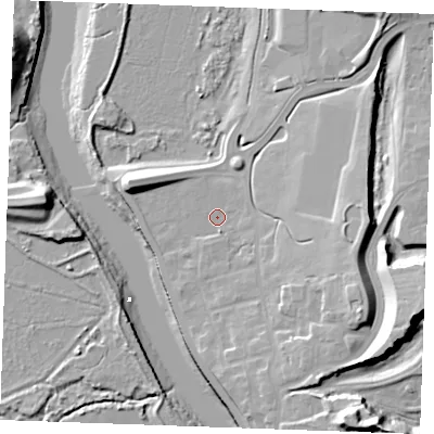 Shaded relief map of the ground around ME13ZF, computed from Environment Agency LiDAR. The ground here sits at about 6 m above sea level and falls 28 m across the surrounding 800 m. Surface water reaching this point runs off ground lying to the south-east, 10.7 m higher.