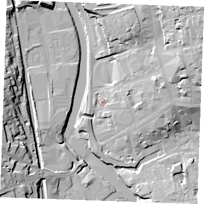 Shaded relief map of the ground around ME141FT, computed from Environment Agency LiDAR. The ground here sits at about 8 m above sea level and falls 28 m across the surrounding 800 m. Surface water reaching this point runs off ground lying to the east, 5.5 m higher.