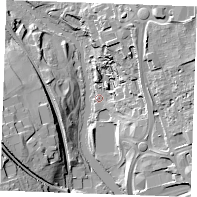 Shaded relief map of the ground around ME141GL, computed from Environment Agency LiDAR. The ground here sits at about 7 m above sea level and falls 32 m across the surrounding 800 m. Surface water reaching this point runs off ground lying to the north-east, 30.1 m higher.