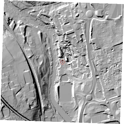 Shaded relief map of the ground around ME141GN, computed from Environment Agency LiDAR. The ground here sits at about 7 m above sea level and falls 32 m across the surrounding 800 m. Surface water reaching this point runs off ground lying to the north-north-east, 22.6 m higher.