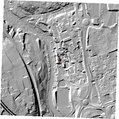 Shaded relief map of the ground around ME141GP, computed from Environment Agency LiDAR. The ground here sits at about 11 m above sea level and falls 36 m across the surrounding 800 m. Surface water reaching this point runs off ground lying to the north-north-east, 22.2 m higher.