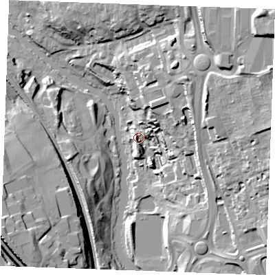 Shaded relief map of the ground around ME141GR, computed from Environment Agency LiDAR. The ground here sits at about 8 m above sea level and falls 37 m across the surrounding 800 m. Surface water reaching this point runs off ground lying to the north-east, 15.4 m higher.