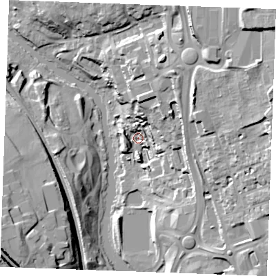 Shaded relief map of the ground around ME141GU, computed from Environment Agency LiDAR. The ground here sits at about 6 m above sea level and falls 37 m across the surrounding 800 m. Surface water reaching this point runs off ground lying to the north-north-east, 22.2 m higher.