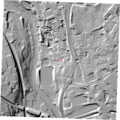 Shaded relief map of the ground around ME141GX, computed from Environment Agency LiDAR. The ground here sits at about 13 m above sea level and falls 37 m across the surrounding 800 m. Surface water reaching this point runs off ground lying to the east-north-east, 10.0 m higher.