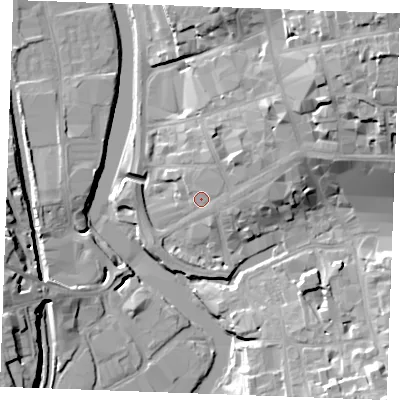 Shaded relief map of the ground around ME141JF, computed from Environment Agency LiDAR. The ground here sits at about 10 m above sea level and falls 27 m across the surrounding 800 m. Surface water reaching this point runs off ground lying to the north-east, 20.0 m higher.