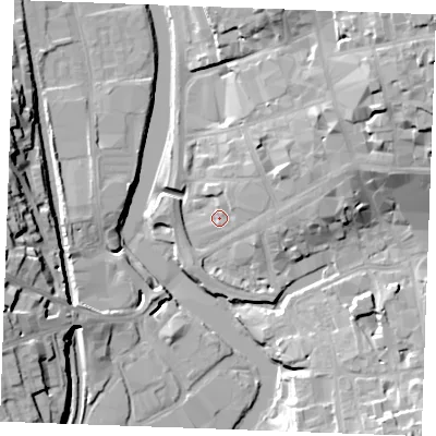 Shaded relief map of the ground around ME141JG, computed from Environment Agency LiDAR. The ground here sits at about 8 m above sea level and falls 26 m across the surrounding 800 m. Surface water reaching this point runs off ground lying to the north-east, 4.2 m higher.