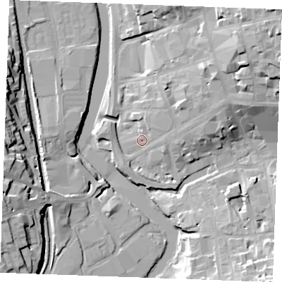 Shaded relief map of the ground around ME141JH, computed from Environment Agency LiDAR. The ground here sits at about 8 m above sea level and falls 25 m across the surrounding 800 m. Surface water reaching this point runs off ground lying to the north-east, 20.0 m higher.