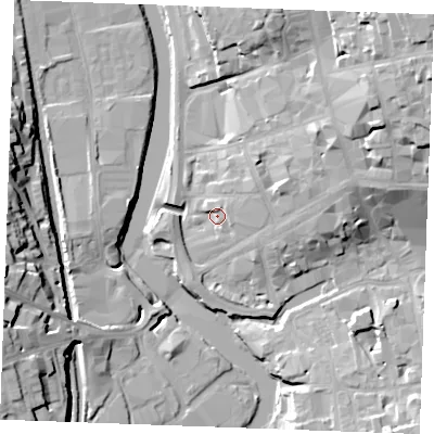 Shaded relief map of the ground around ME141JP, computed from Environment Agency LiDAR. The ground here sits at about 9 m above sea level and falls 27 m across the surrounding 800 m. Surface water reaching this point runs off ground lying to the east-north-east, 2.8 m higher.