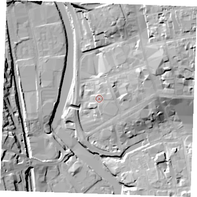 Shaded relief map of the ground around ME141JS, computed from Environment Agency LiDAR. The ground here sits at about 9 m above sea level and falls 29 m across the surrounding 800 m. Surface water reaching this point runs off ground lying to the east, 3.7 m higher.