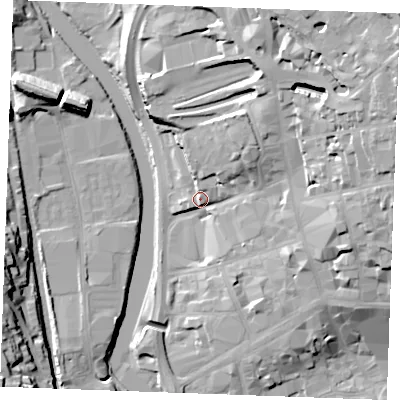 Shaded relief map of the ground around ME141LH, computed from Environment Agency LiDAR. The ground here sits at about 12 m above sea level and falls 33 m across the surrounding 800 m. Surface water reaching this point runs off ground lying to the north-east, 28.0 m higher.
