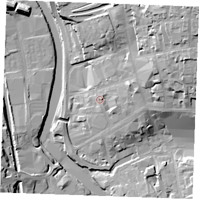 Shaded relief map of the ground around ME141LP, computed from Environment Agency LiDAR. The ground here sits at about 11 m above sea level and falls 32 m across the surrounding 800 m. Surface water reaching this point runs off ground lying to the east-north-east, 6.8 m higher.