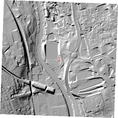 Shaded relief map of the ground around ME141LQ, computed from Environment Agency LiDAR. The ground here sits at about 8 m above sea level and falls 35 m across the surrounding 800 m. Surface water reaching this point runs off ground lying to the east-north-east, 10.1 m higher.
