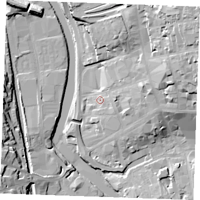 Shaded relief map of the ground around ME141PD, computed from Environment Agency LiDAR. The ground here sits at about 9 m above sea level and falls 31 m across the surrounding 800 m. Surface water reaching this point runs off ground lying to the east-north-east, 15.8 m higher.