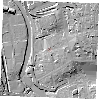 Shaded relief map of the ground around ME141PS, computed from Environment Agency LiDAR. The ground here sits at about 11 m above sea level and falls 33 m across the surrounding 800 m. Surface water reaching this point runs off ground lying to the east-north-east, 13.7 m higher.