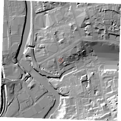 Shaded relief map of the ground around ME141SN, computed from Environment Agency LiDAR. The ground here sits at about 10 m above sea level and falls 28 m across the surrounding 800 m. Surface water reaching this point runs off ground lying to the north-north-east, 3.0 m higher.