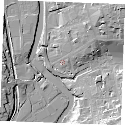 Shaded relief map of the ground around ME141SR, computed from Environment Agency LiDAR. The ground here sits at about 9 m above sea level and falls 26 m across the surrounding 800 m. Surface water reaching this point runs off ground lying to the north-east, 2.8 m higher.