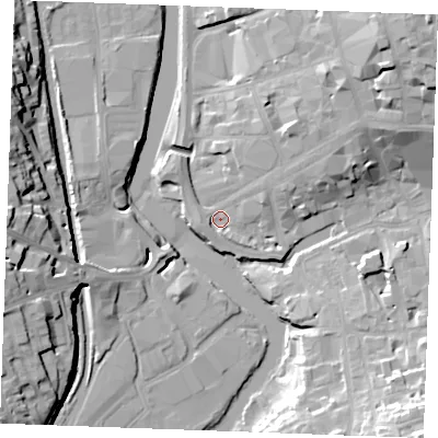 Shaded relief map of the ground around ME141SY, computed from Environment Agency LiDAR. The ground here sits at about 7 m above sea level and falls 23 m across the surrounding 800 m. Surface water reaching this point runs off ground lying to the north-east, 4.1 m higher.