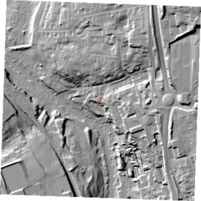 Shaded relief map of the ground around ME142GZ, computed from Environment Agency LiDAR. The ground here sits at about 13 m above sea level and falls 41 m across the surrounding 800 m. Surface water reaching this point runs off ground lying to the north-east, 36.4 m higher.