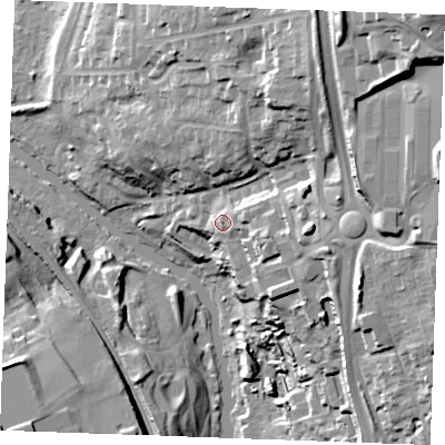 Shaded relief map of the ground around ME142LD, computed from Environment Agency LiDAR. The ground here sits at about 17 m above sea level and falls 43 m across the surrounding 800 m. Surface water reaching this point runs off ground lying to the east-north-east, 9.6 m higher.