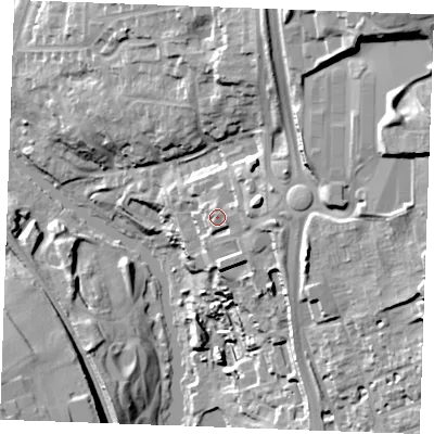 Shaded relief map of the ground around ME142LP, computed from Environment Agency LiDAR. The ground here sits at about 22 m above sea level and falls 41 m across the surrounding 800 m. Surface water reaching this point runs off ground lying to the east, 6.2 m higher.