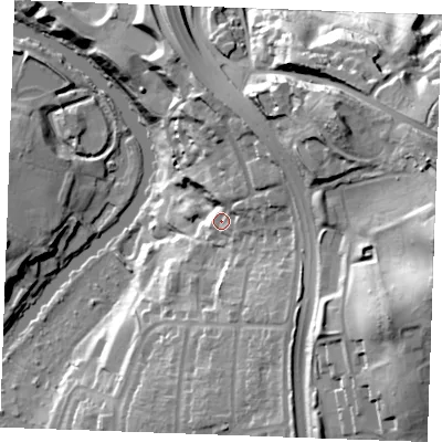 Shaded relief map of the ground around ME142NG, computed from Environment Agency LiDAR. The ground here sits at about 23 m above sea level and falls 60 m across the surrounding 800 m. Surface water reaching this point runs off ground lying to the north-east, 29.9 m higher.