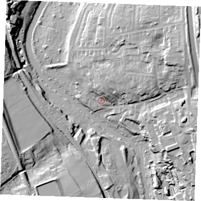 Shaded relief map of the ground around ME142PX, computed from Environment Agency LiDAR. The ground here sits at about 9 m above sea level and falls 40 m across the surrounding 800 m. Surface water reaching this point runs off ground lying to the north-north-east, 8.4 m higher.