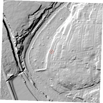 Shaded relief map of the ground around ME142QY, computed from Environment Agency LiDAR. The ground here sits at about 11 m above sea level and falls 31 m across the surrounding 800 m. Surface water reaching this point runs off ground lying to the east, 10.0 m higher.