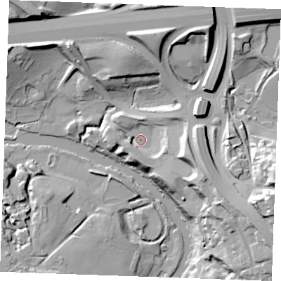 Shaded relief map of the ground around ME143AQ, computed from Environment Agency LiDAR. The ground here sits at about 12 m above sea level and falls 42 m across the surrounding 800 m. Surface water reaching this point runs off ground lying to the east-south-east, 22.5 m higher.