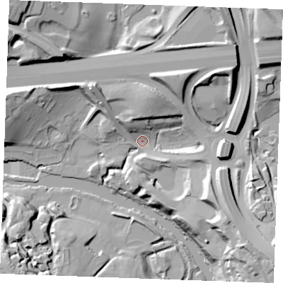 Shaded relief map of the ground around ME143AR, computed from Environment Agency LiDAR. The ground here sits at about 9 m above sea level and falls 36 m across the surrounding 800 m. Surface water reaching this point runs off ground lying to the north-north-east, 20.3 m higher.