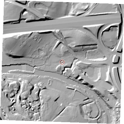 Shaded relief map of the ground around ME143AS, computed from Environment Agency LiDAR. The ground here sits at about 7 m above sea level and falls 33 m across the surrounding 800 m. Surface water reaching this point runs off ground lying to the north-north-east, 9.7 m higher.