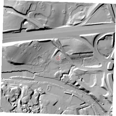 Shaded relief map of the ground around ME143AU, computed from Environment Agency LiDAR. The ground here sits at about 10 m above sea level and falls 34 m across the surrounding 800 m. Surface water reaching this point runs off ground lying to the north, 9.9 m higher.