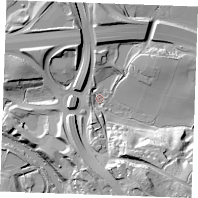 Shaded relief map of the ground around ME143DD, computed from Environment Agency LiDAR. The ground here sits at about 14 m above sea level and falls 53 m across the surrounding 800 m. Surface water reaching this point runs off ground lying to the south-east, 42.3 m higher.