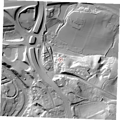 Shaded relief map of the ground around ME143DE, computed from Environment Agency LiDAR. The ground here sits at about 29 m above sea level and falls 63 m across the surrounding 800 m. Surface water reaching this point runs off ground lying to the south-south-east, 22.5 m higher.