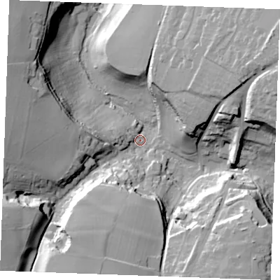 Shaded relief map of the ground around ME150BY, computed from Environment Agency LiDAR. The ground here sits at about 49 m above sea level and falls 48 m across the surrounding 800 m. Surface water reaching this point runs off ground lying to the south-west, 44.6 m higher.