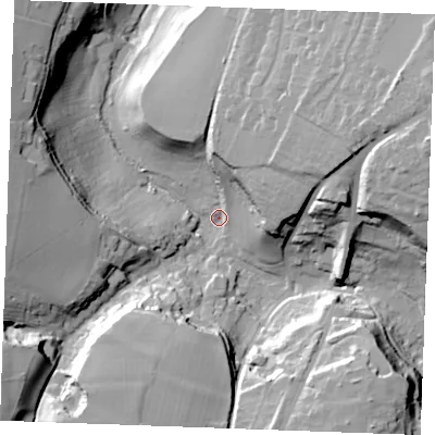 Shaded relief map of the ground around ME150EA, computed from Environment Agency LiDAR. The ground here sits at about 49 m above sea level and falls 45 m across the surrounding 800 m. Surface water reaching this point runs off ground lying to the south-west, 41.6 m higher.