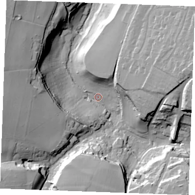 Shaded relief map of the ground around ME150EB, computed from Environment Agency LiDAR. The ground here sits at about 47 m above sea level and falls 50 m across the surrounding 800 m. Surface water reaching this point runs off ground lying to the south-west, 46.6 m higher.
