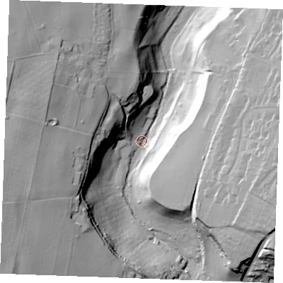 Shaded relief map of the ground around ME150ET, computed from Environment Agency LiDAR. The ground here sits at about 44 m above sea level and falls 49 m across the surrounding 800 m. Surface water reaching this point runs off ground lying to the south-west, 47.8 m higher.