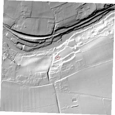 Shaded relief map of the ground around ME150JG, computed from Environment Agency LiDAR. The ground here sits at about 16 m above sea level and falls 54 m across the surrounding 800 m. Surface water reaching this point runs off ground lying to the south-south-east, 16.1 m higher.