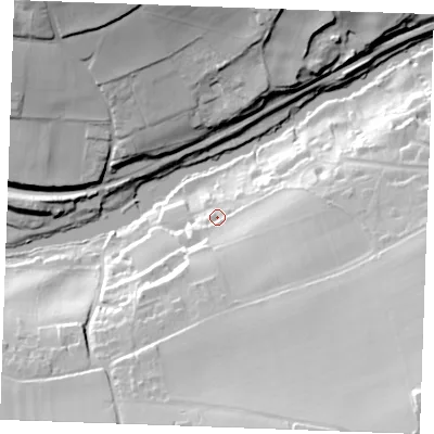 Shaded relief map of the ground around ME150JH, computed from Environment Agency LiDAR. The ground here sits at about 15 m above sea level and falls 53 m across the surrounding 800 m. Surface water reaching this point runs off ground lying to the south-east, 40.6 m higher.