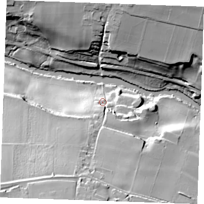 Shaded relief map of the ground around ME150LB, computed from Environment Agency LiDAR. The ground here sits at about 14 m above sea level and falls 43 m across the surrounding 800 m. Surface water reaching this point runs off ground lying to the south-west, 37.5 m higher.