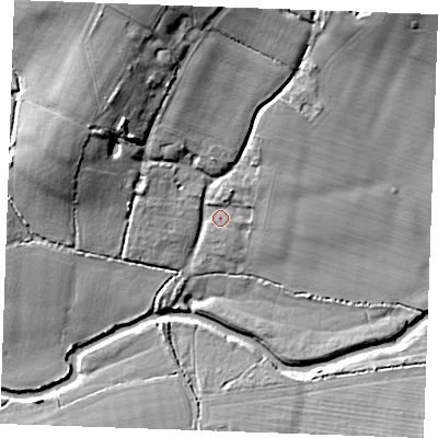 Shaded relief map of the ground around ME150RD, computed from Environment Agency LiDAR. The ground here sits at about 15 m above sea level and falls 17 m across the surrounding 800 m. Surface water reaching this point runs off ground lying to the north-north-east, 1.8 m higher.