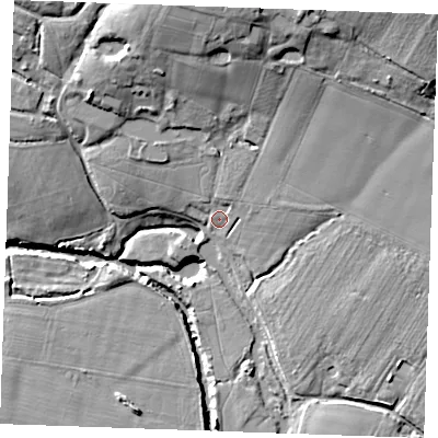 Shaded relief map of the ground around ME150RQ, computed from Environment Agency LiDAR. The ground here sits at about 14 m above sea level and falls 21 m across the surrounding 800 m. Surface water reaching this point runs off ground lying to the north-east, 15.2 m higher.