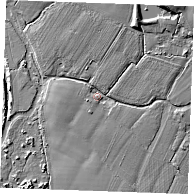 Shaded relief map of the ground around ME150SA, computed from Environment Agency LiDAR. The ground here sits at about 15 m above sea level and falls 15 m across the surrounding 800 m. Surface water reaching this point runs off ground lying to the north-east, 11.5 m higher.
